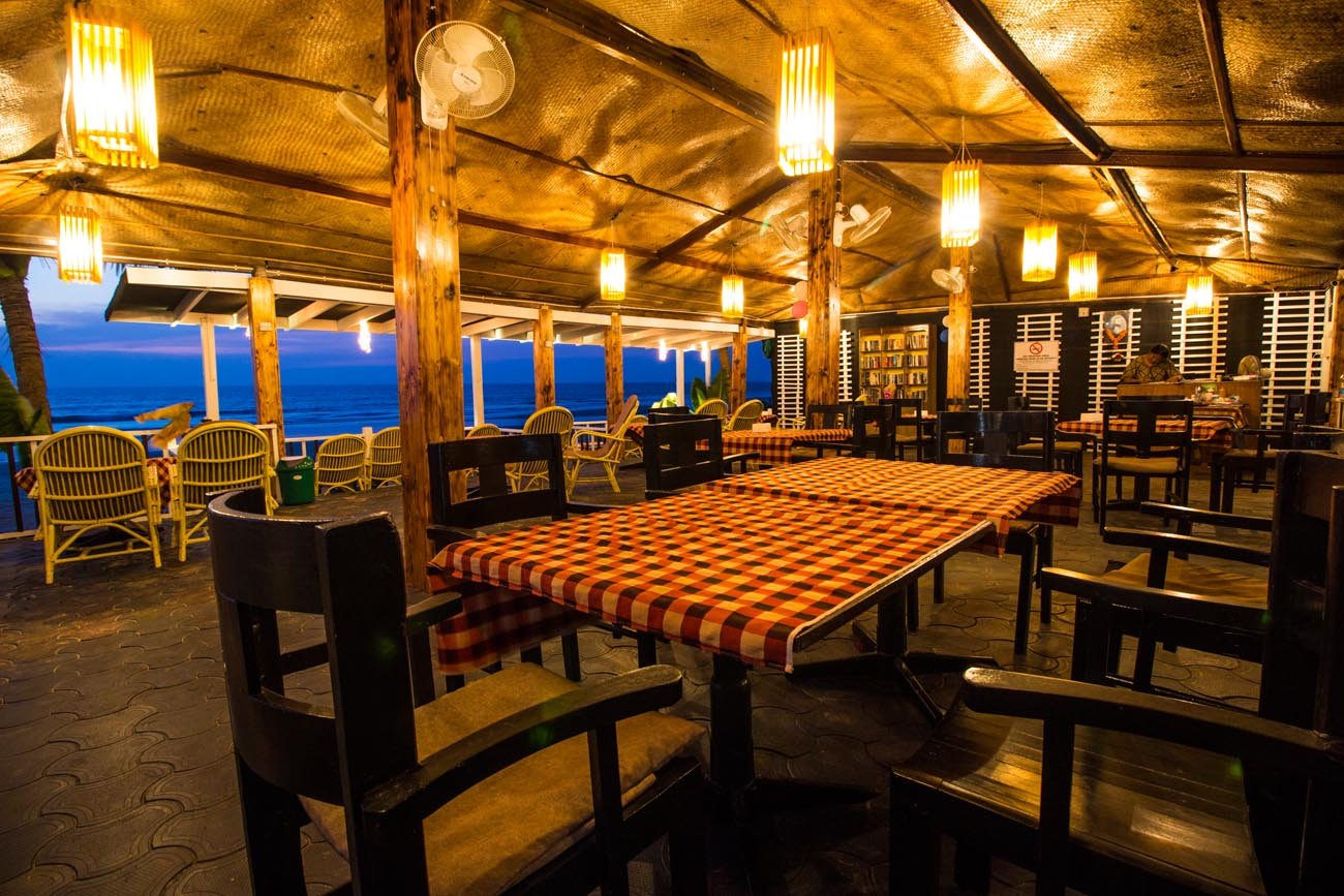 The restaurant lit up in the evening